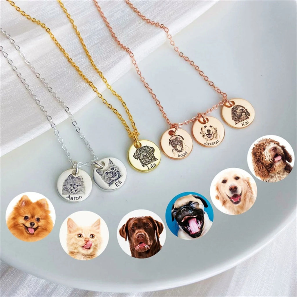 Custom pet portrait necklace — gold pendant engraved from your photo