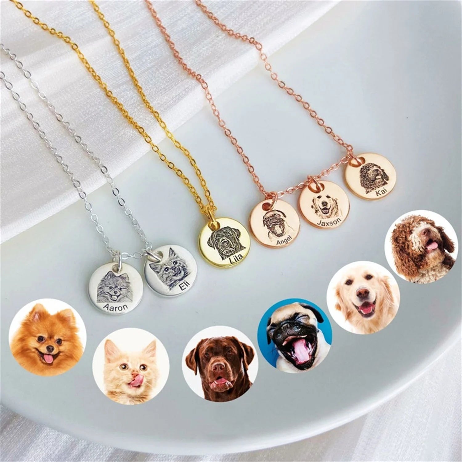 Custom pet portrait necklace — gold pendant engraved from your photo