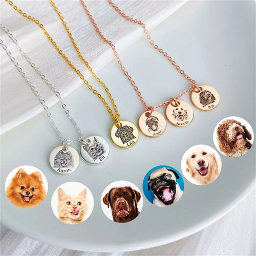 Custom pet portrait necklace — gold pendant engraved from your photo