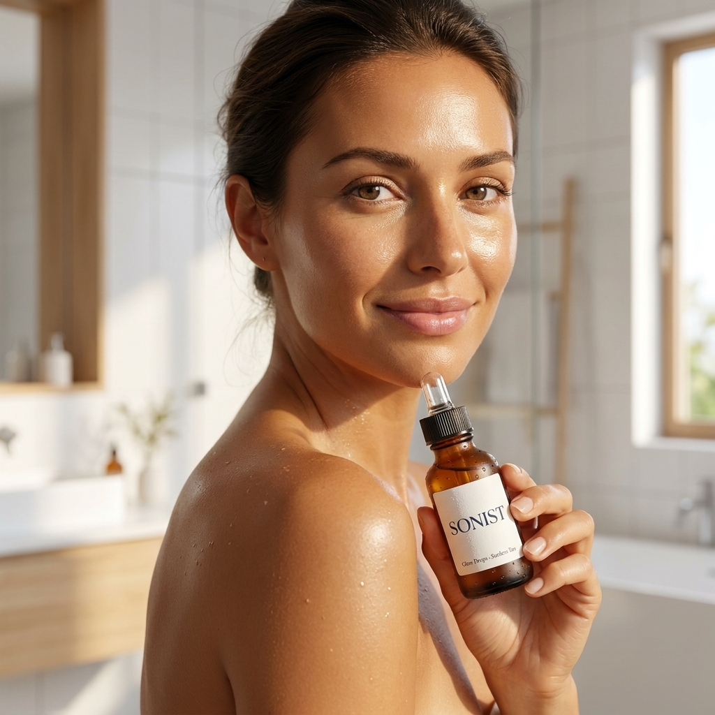 Woman with a natural golden glow holding Sonist Glow Drops