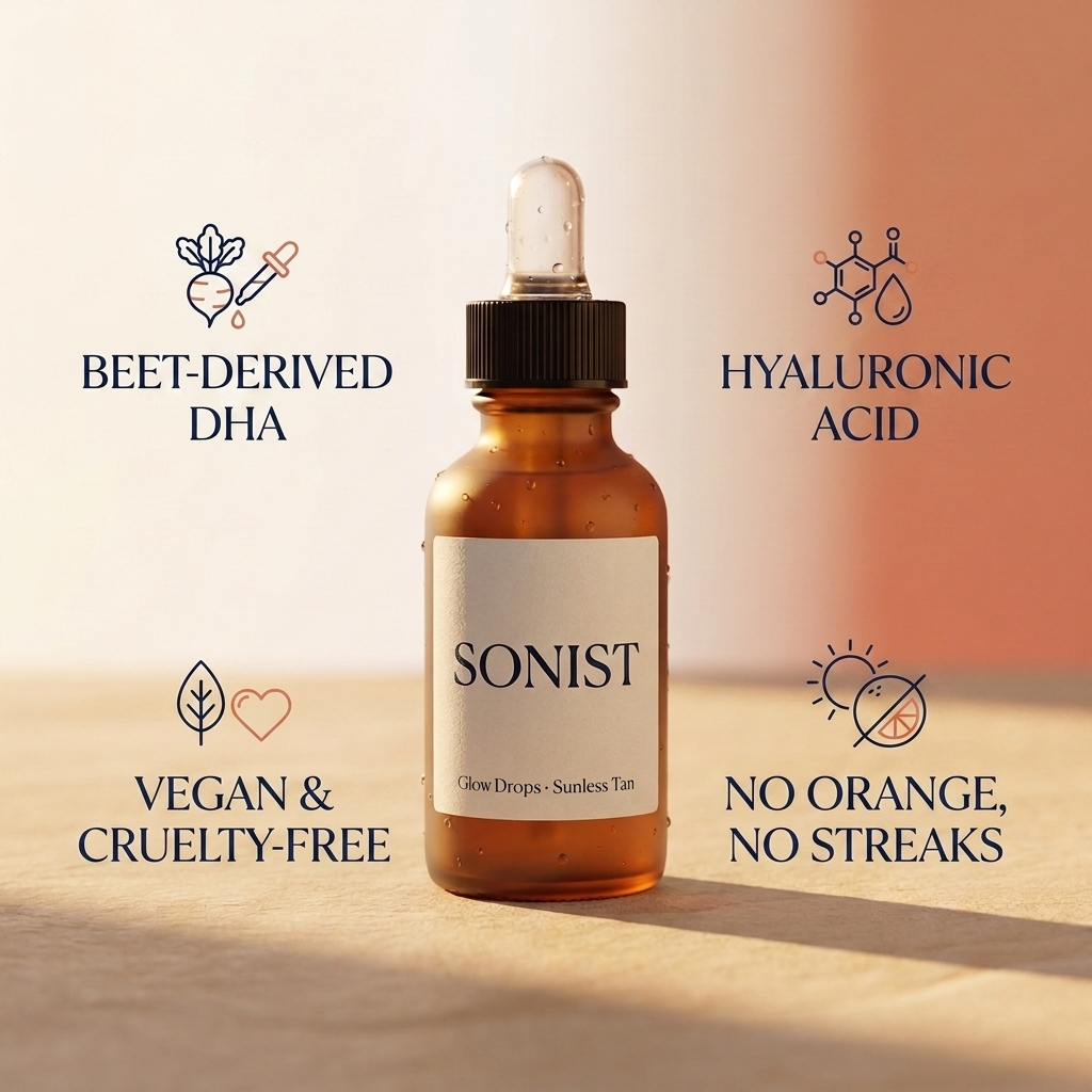 Sonist Glow Drops key benefits: beet-derived DHA, hyaluronic acid, vegan, no orange