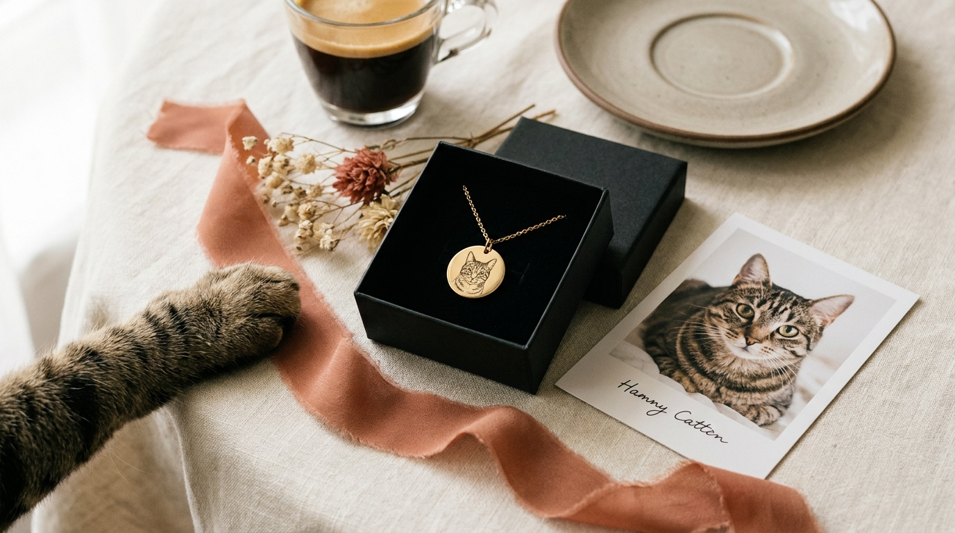 Sonist pet portrait necklace in its gift box with a cat photo