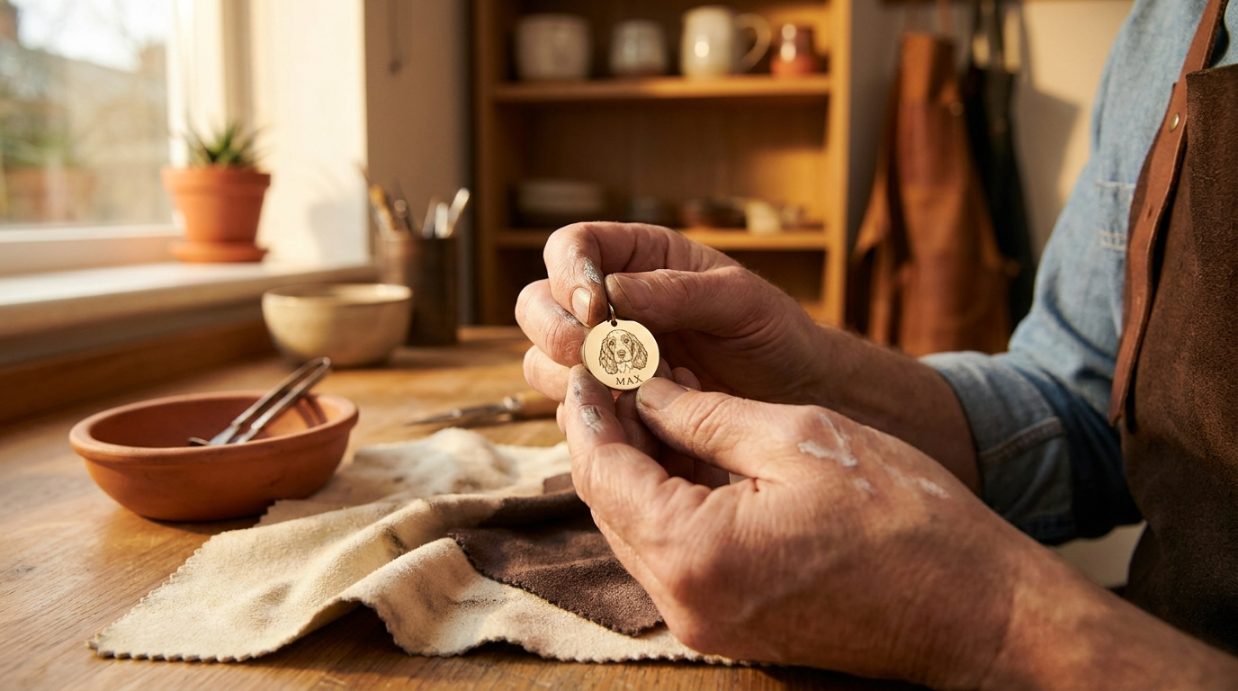 Artisan hand-finishing an engraved Sonist pet portrait pendant