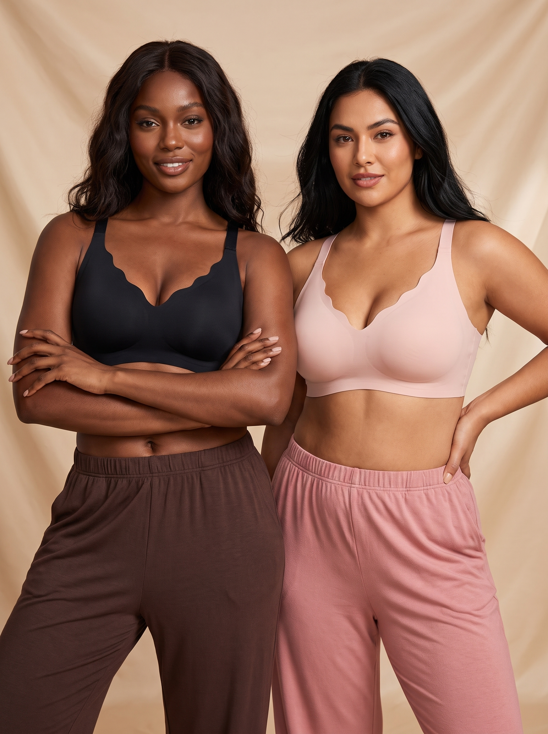 Two women wearing the Sonist Jelly Bra in black and blush with lounge pants on a beige backdrop