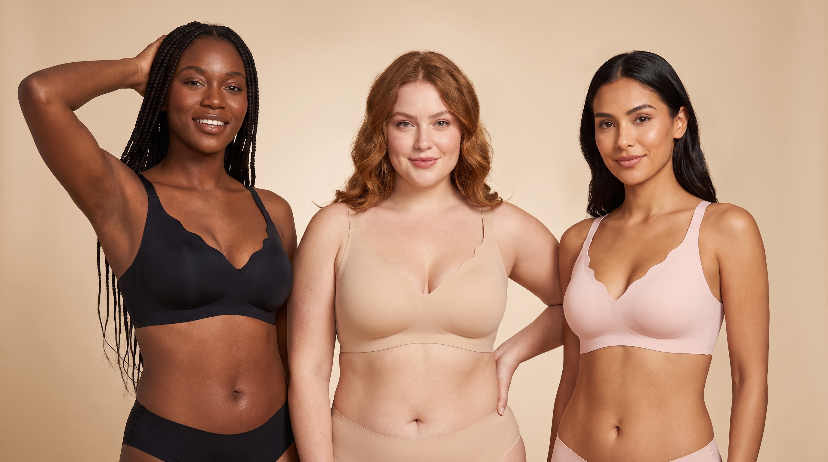 Three women wearing the Sonist Jelly Bra in black, nude and blush against a warm beige studio backdrop