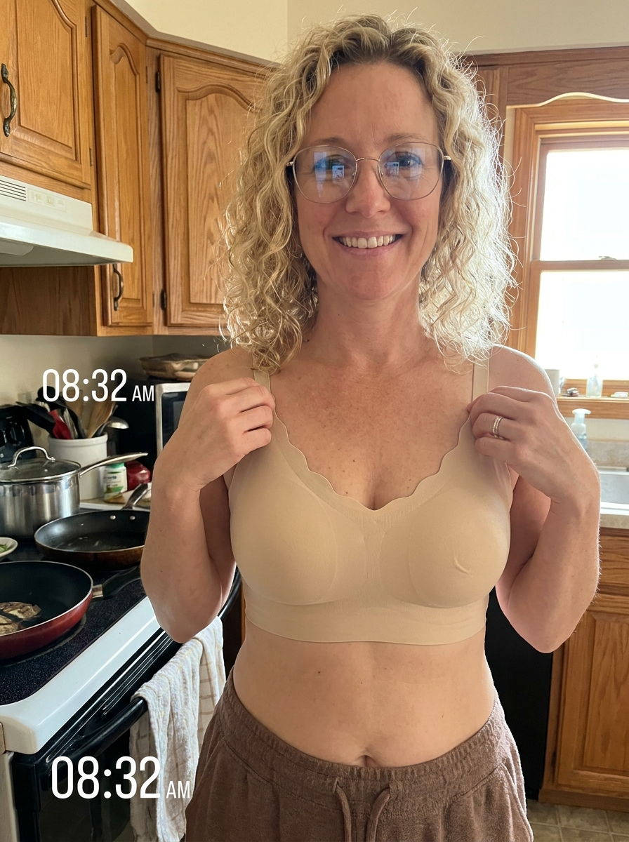 Kitchen try-on photo of the Sonist Jelly Bra in beige