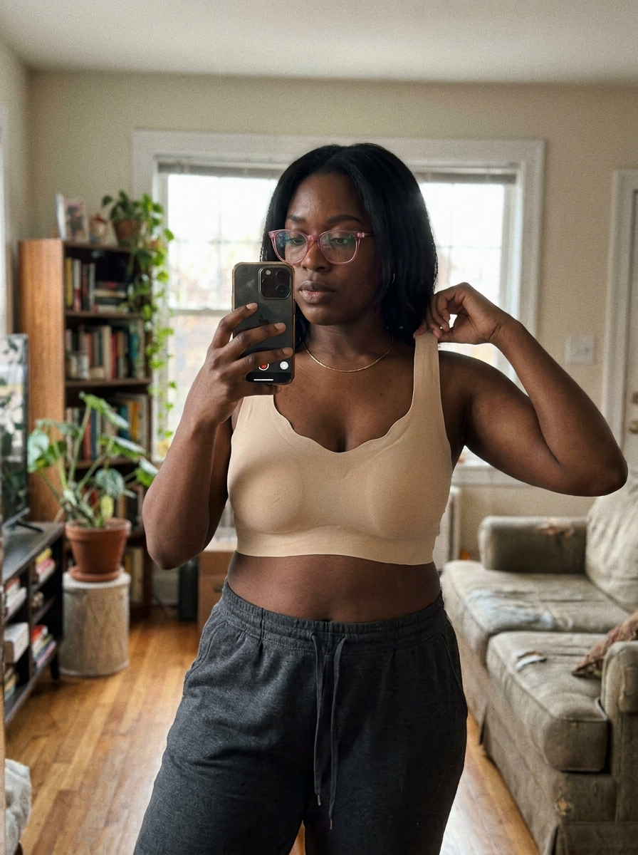At-home try-on photo of the Sonist Jelly Bra in nude