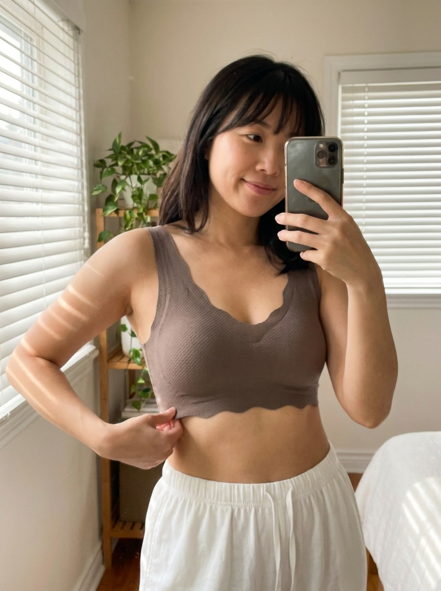 Bedroom mirror photo of the Sonist Jelly Bra in taupe